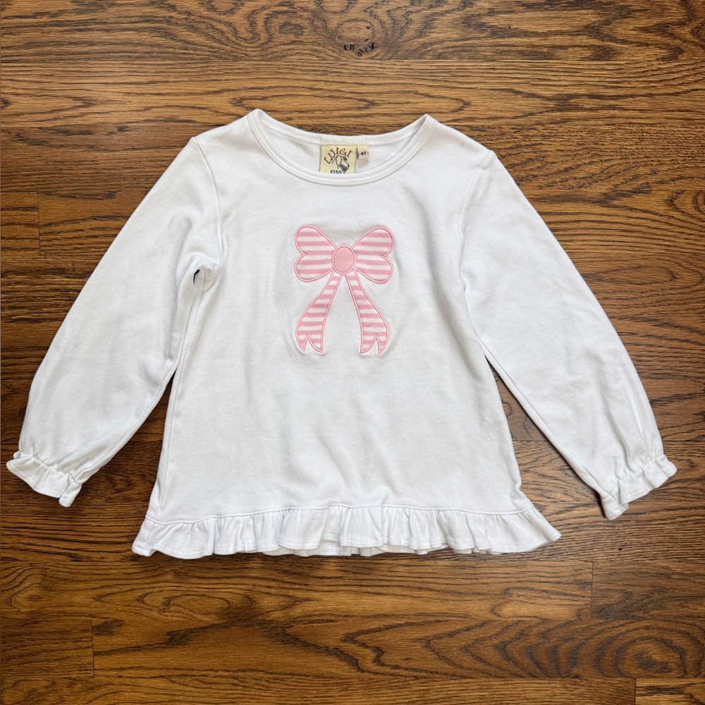 Luigi White Long Sleeve Kids Top with PinkEmbroidered Appliqué Striped Bow 4T